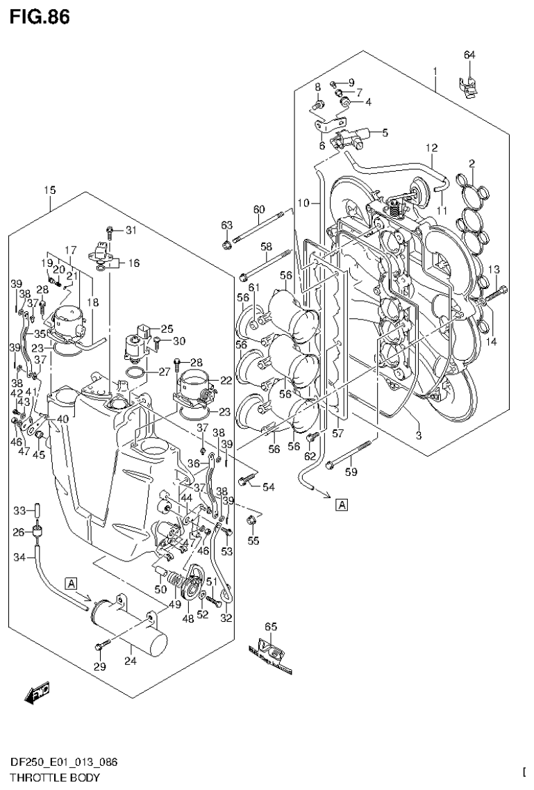 Suzuki DF200T, DF200Z, DF225T, DF225Z, DF250T, DF250Z THROTTLE BODY (DF225Z E1) parts diagram